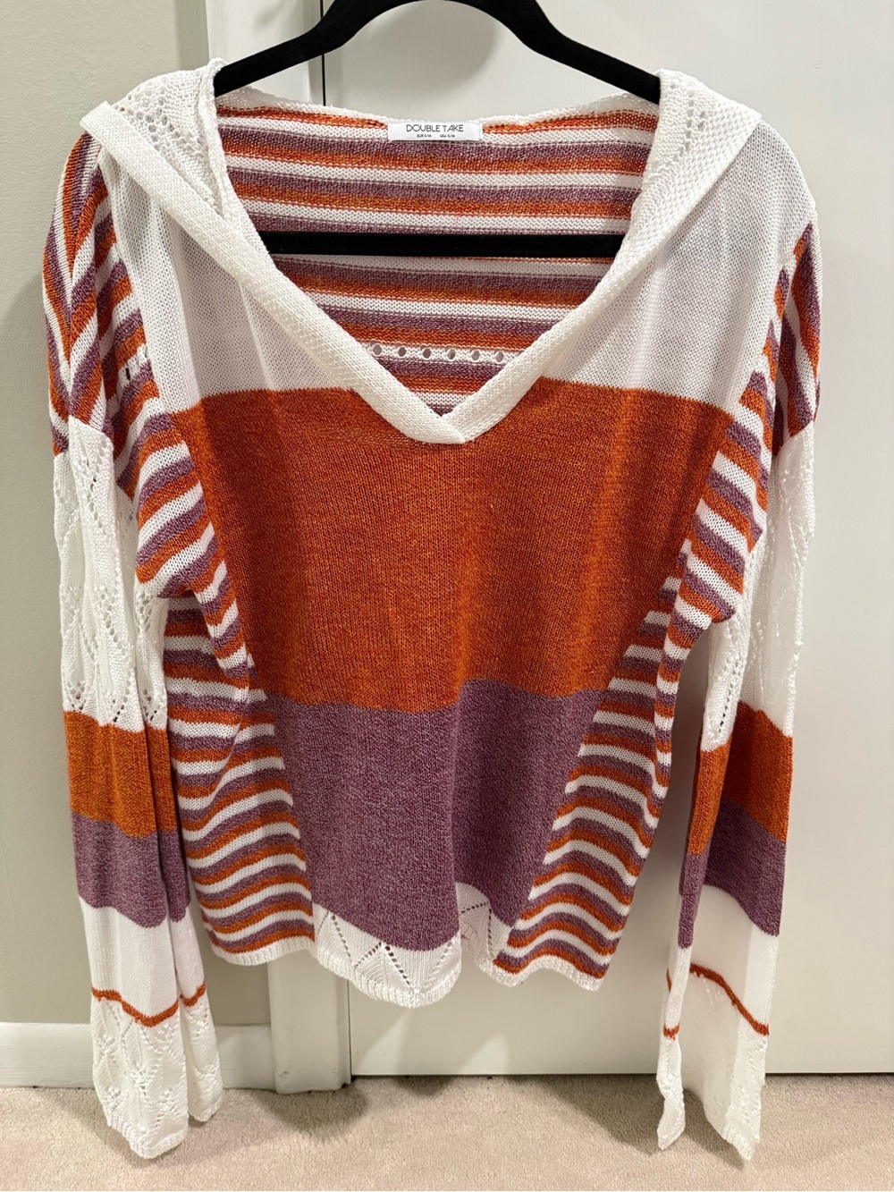 Double Take Striped V-Neck Hooded Sweater - Orange & Lavender